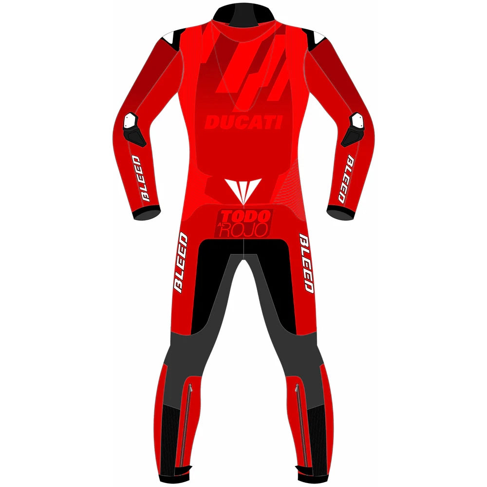 2025 Marc Marquez Ducati Lenovo Barcelona Winter Test MotoGP leather race suit in all red with CE Level 2 armor, front view