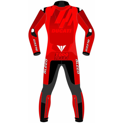 2025 Marc Marquez Ducati Lenovo Barcelona Winter Test MotoGP leather race suit in all red with CE Level 2 armor, front view