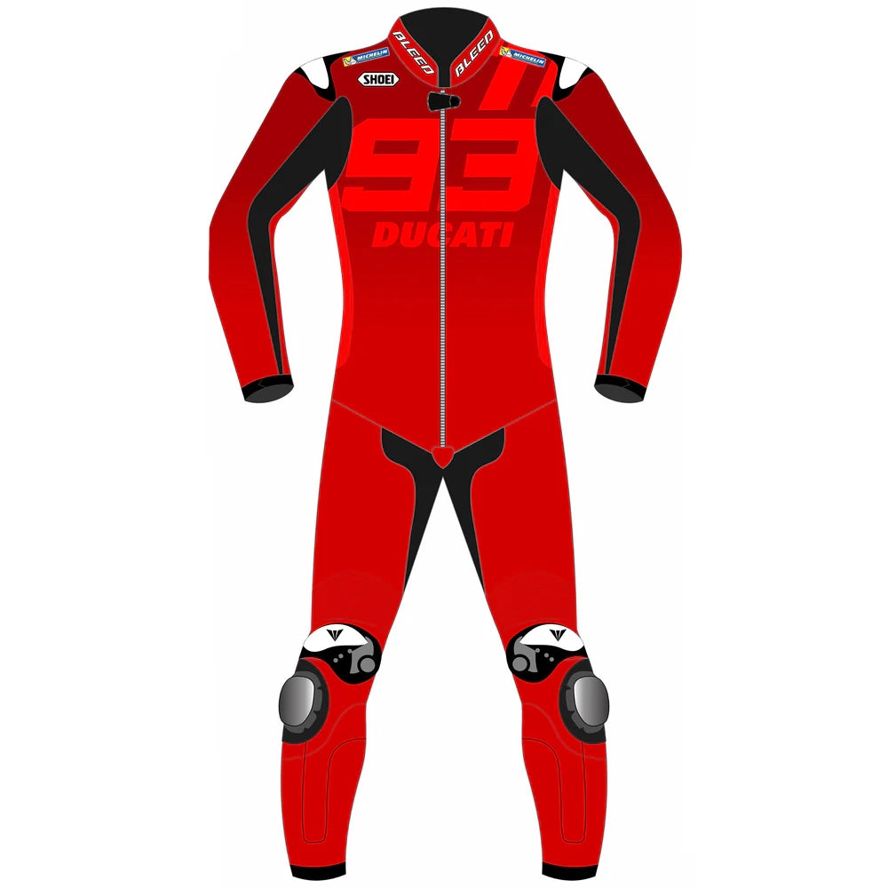 2025 Marc Marquez Ducati Lenovo Barcelona Winter Test MotoGP leather race suit in all red with CE Level 2 armor, front view