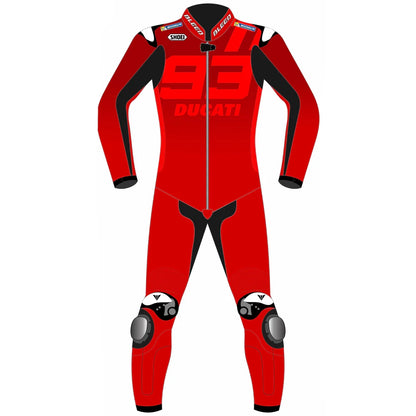 2025 Marc Marquez Ducati Lenovo Barcelona Winter Test MotoGP leather race suit in all red with CE Level 2 armor, front view