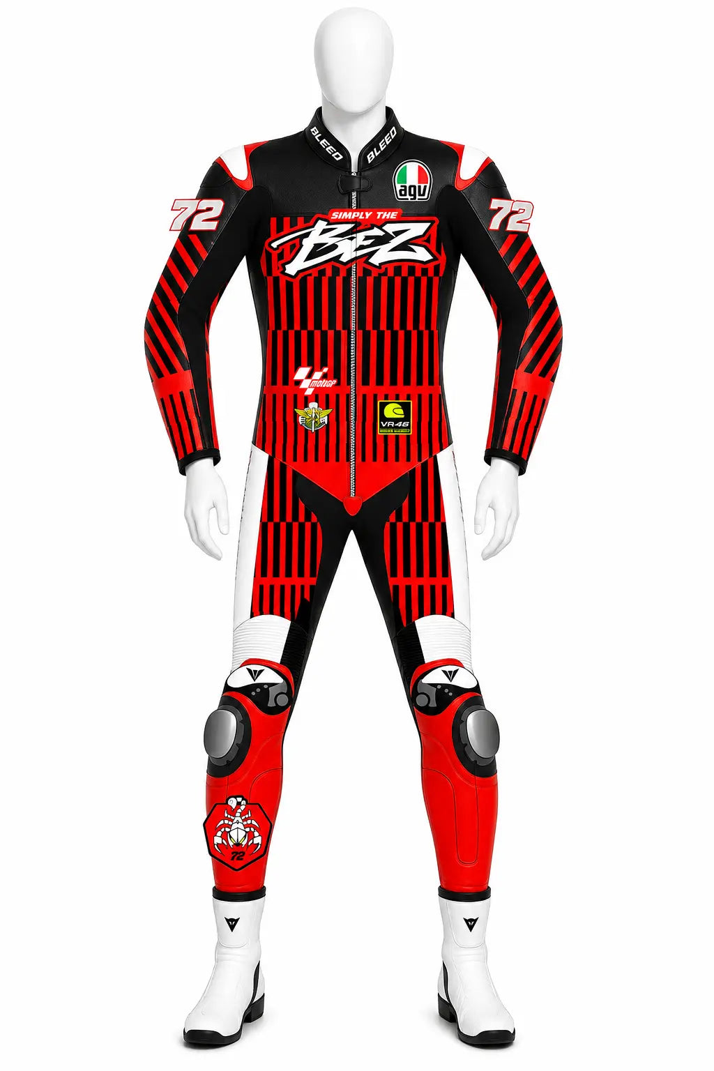 2025 Marco Bezzecchi Aprilia Barcelona Winter Test MotoGP leather race suit in red and black with Simply The BEZ logo and CE Level 2 armor, front view