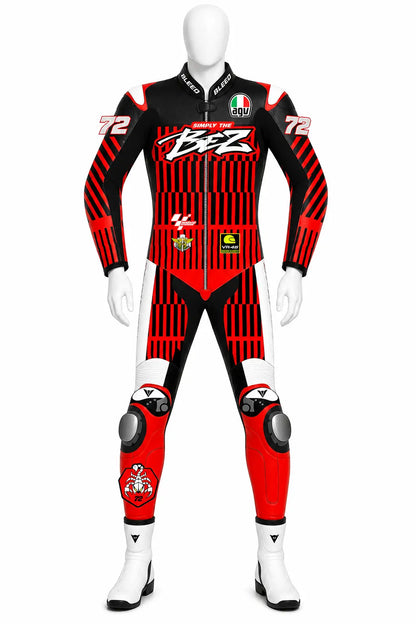 2025 Marco Bezzecchi Aprilia Barcelona Winter Test MotoGP leather race suit in red and black with Simply The BEZ logo and CE Level 2 armor, front view