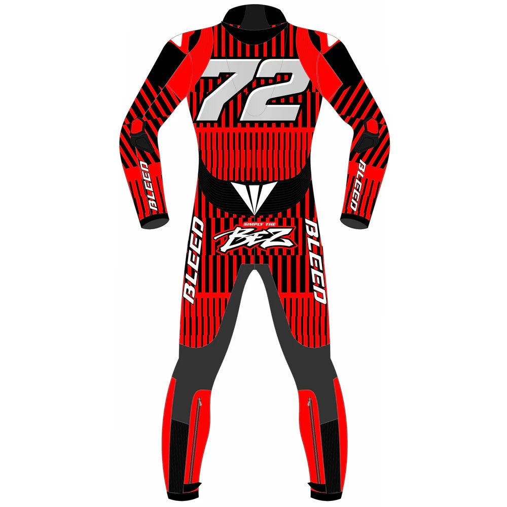 2025 Marco Bezzecchi Aprilia Barcelona Winter Test MotoGP leather race suit in red and black with Simply The BEZ logo and CE Level 2 armor, front view