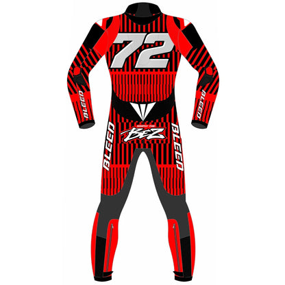 2025 Marco Bezzecchi Aprilia Barcelona Winter Test MotoGP leather race suit in red and black with Simply The BEZ logo and CE Level 2 armor, front view