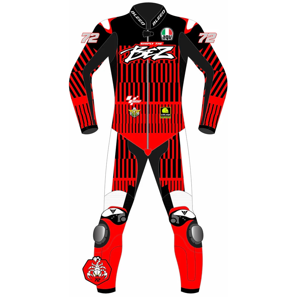 2025 Marco Bezzecchi Aprilia Barcelona Winter Test MotoGP leather race suit in red and black with Simply The BEZ logo and CE Level 2 armor, front view