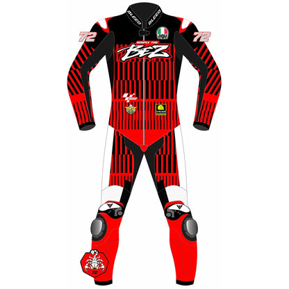 2025 Marco Bezzecchi Aprilia Barcelona Winter Test MotoGP leather race suit in red and black with Simply The BEZ logo and CE Level 2 armor, front view