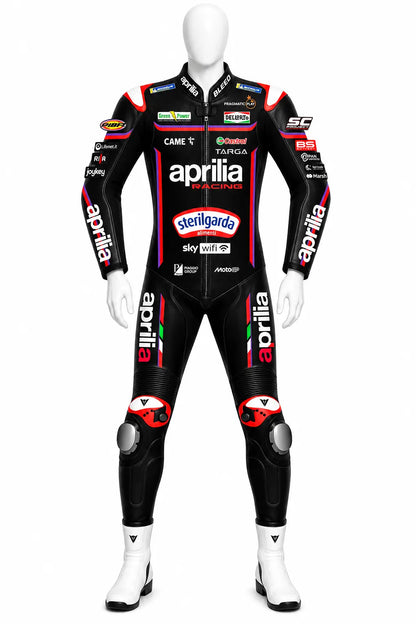 2025 Marco Bezzecchi Aprilia Racing MotoGP leather race suit in black and red with CE Level 2 armor, front view