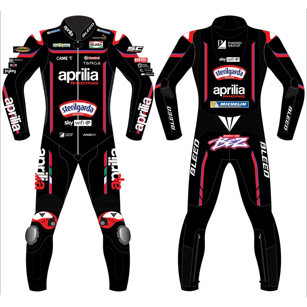 2025 Marco Bezzecchi Aprilia Racing MotoGP leather race suit in black and red with CE Level 2 armor, front view