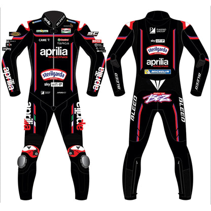 2025 Marco Bezzecchi Aprilia Racing MotoGP leather race suit in black and red with CE Level 2 armor, front view