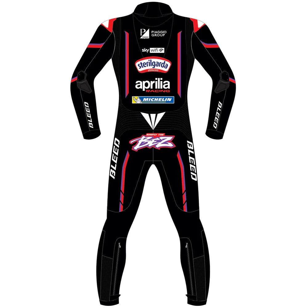 2025 Marco Bezzecchi Aprilia Racing MotoGP leather race suit in black and red with CE Level 2 armor, front view