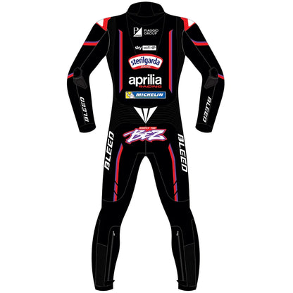 2025 Marco Bezzecchi Aprilia Racing MotoGP leather race suit in black and red with CE Level 2 armor, front view