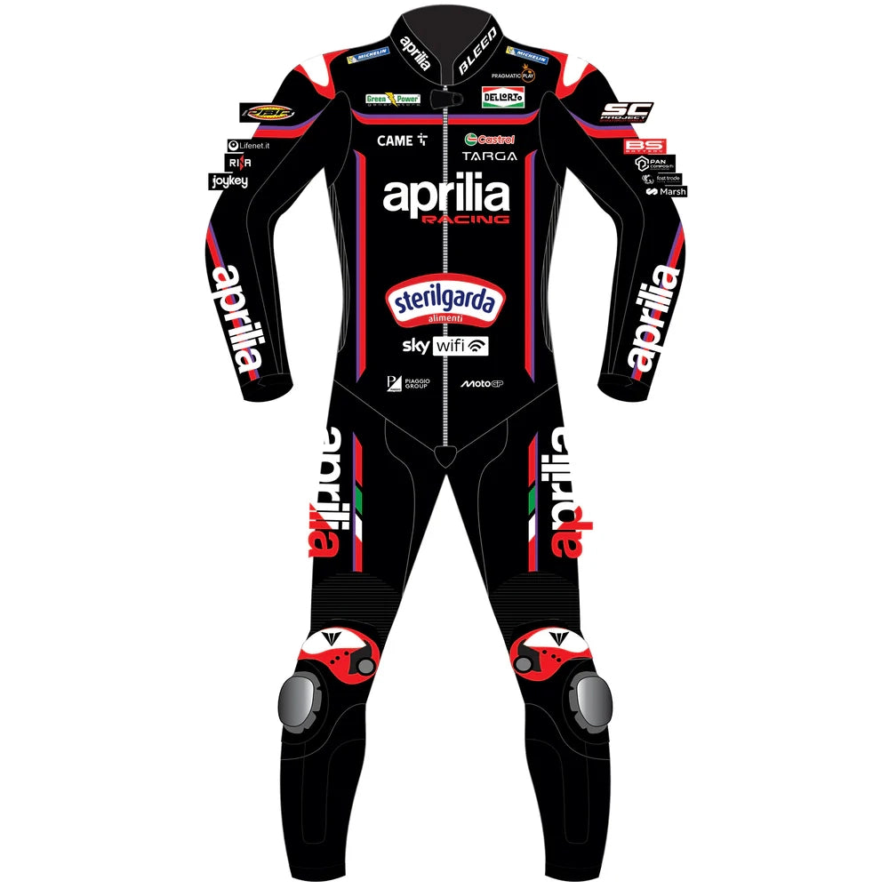 2025 Marco Bezzecchi Aprilia Racing MotoGP leather race suit in black and red with CE Level 2 armor, front view