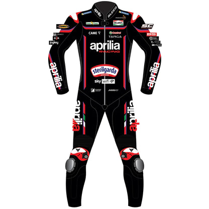 2025 Marco Bezzecchi Aprilia Racing MotoGP leather race suit in black and red with CE Level 2 armor, front view