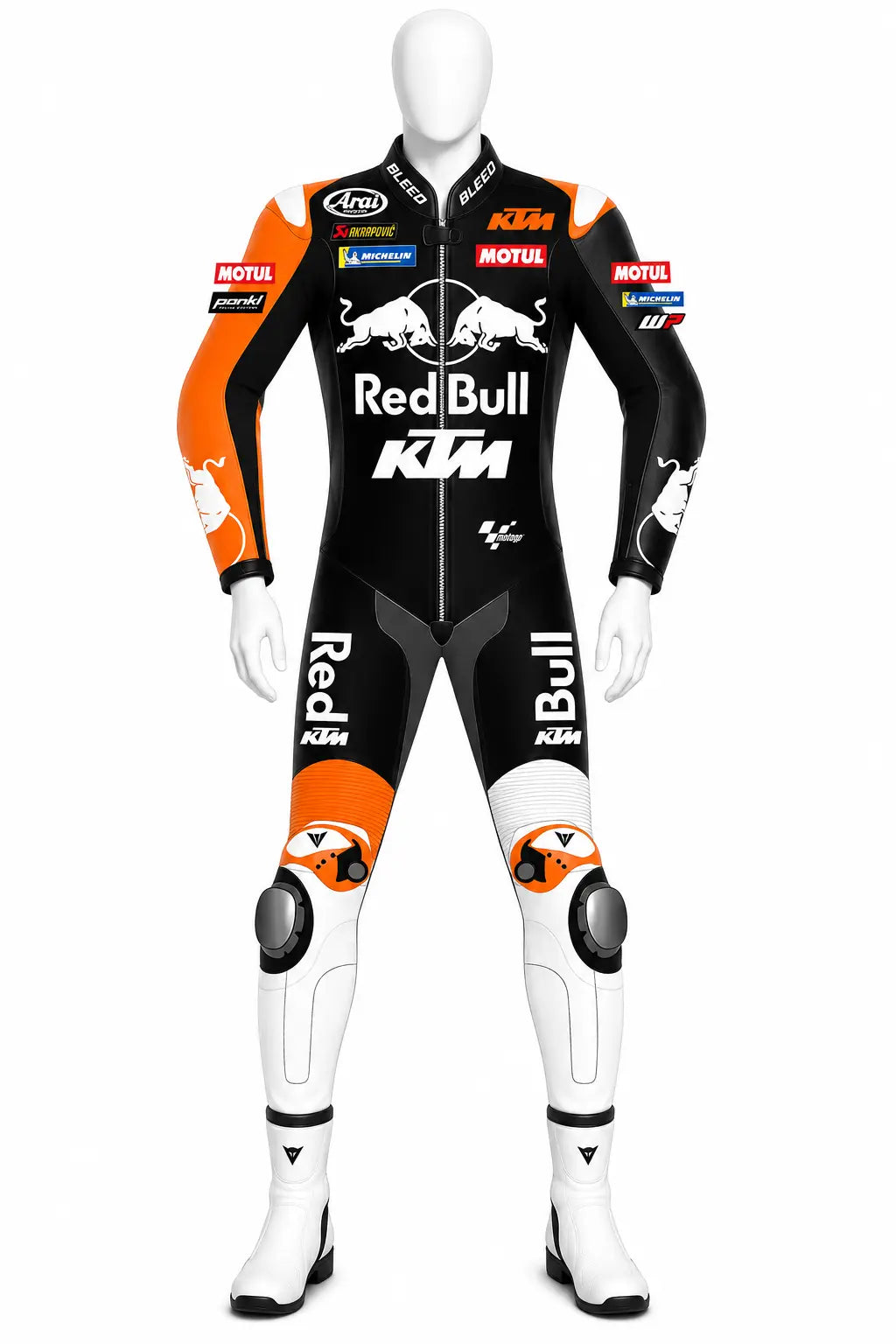 2025 Maverick Vinales KTM Barcelona Winter Test MotoGP leather race suit in black, orange, and white with CE Level 2 armor, front view