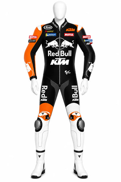 2025 Maverick Vinales KTM Barcelona Winter Test MotoGP leather race suit in black, orange, and white with CE Level 2 armor, front view