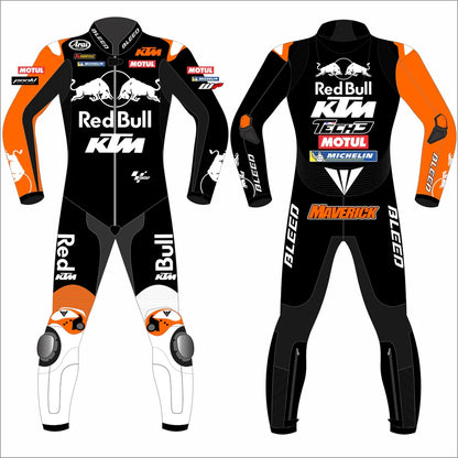 2025 Maverick Vinales KTM Barcelona Winter Test MotoGP leather race suit in black, orange, and white with CE Level 2 armor, front view