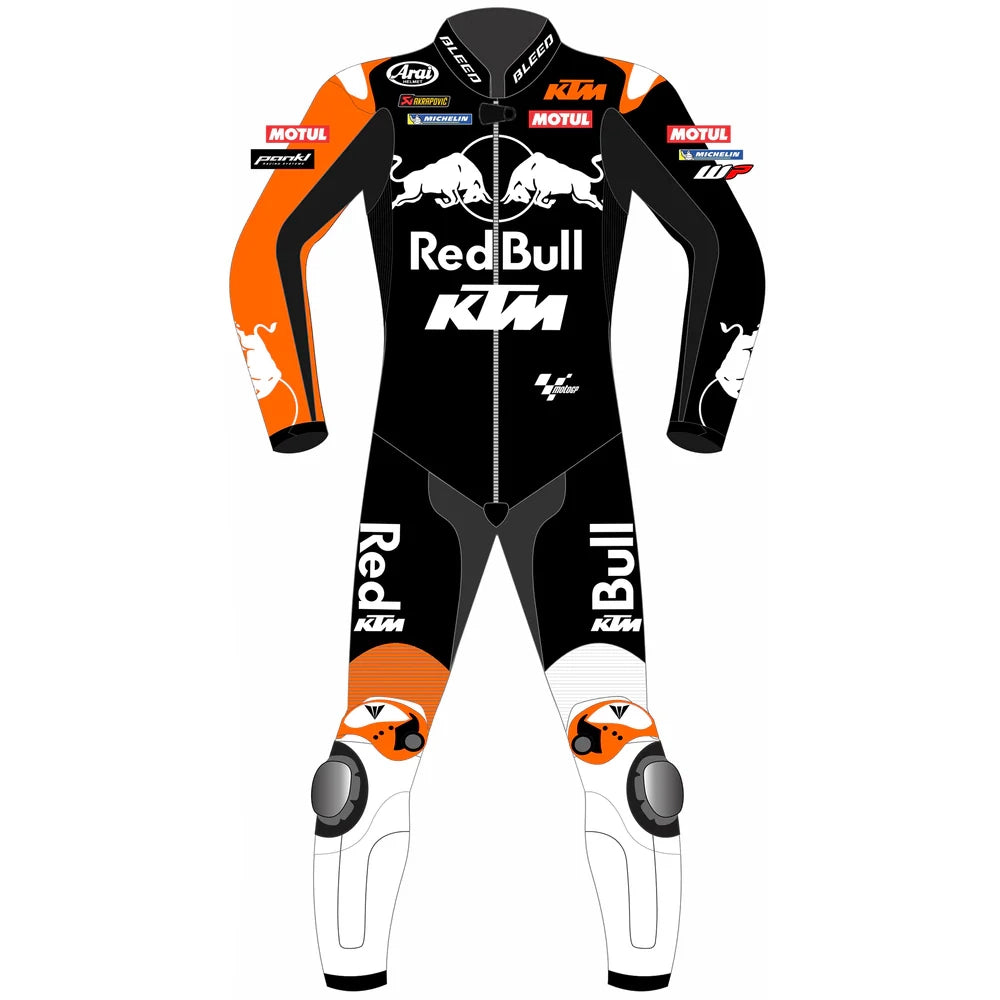 2025 Maverick Vinales KTM Barcelona Winter Test MotoGP leather race suit in black, orange, and white with CE Level 2 armor, front view