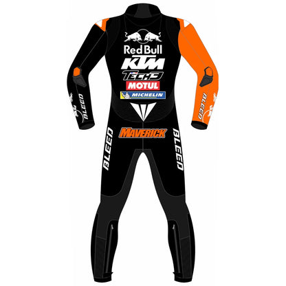 2025 Maverick Vinales KTM Barcelona Winter Test MotoGP leather race suit in black, orange, and white with CE Level 2 armor, front view