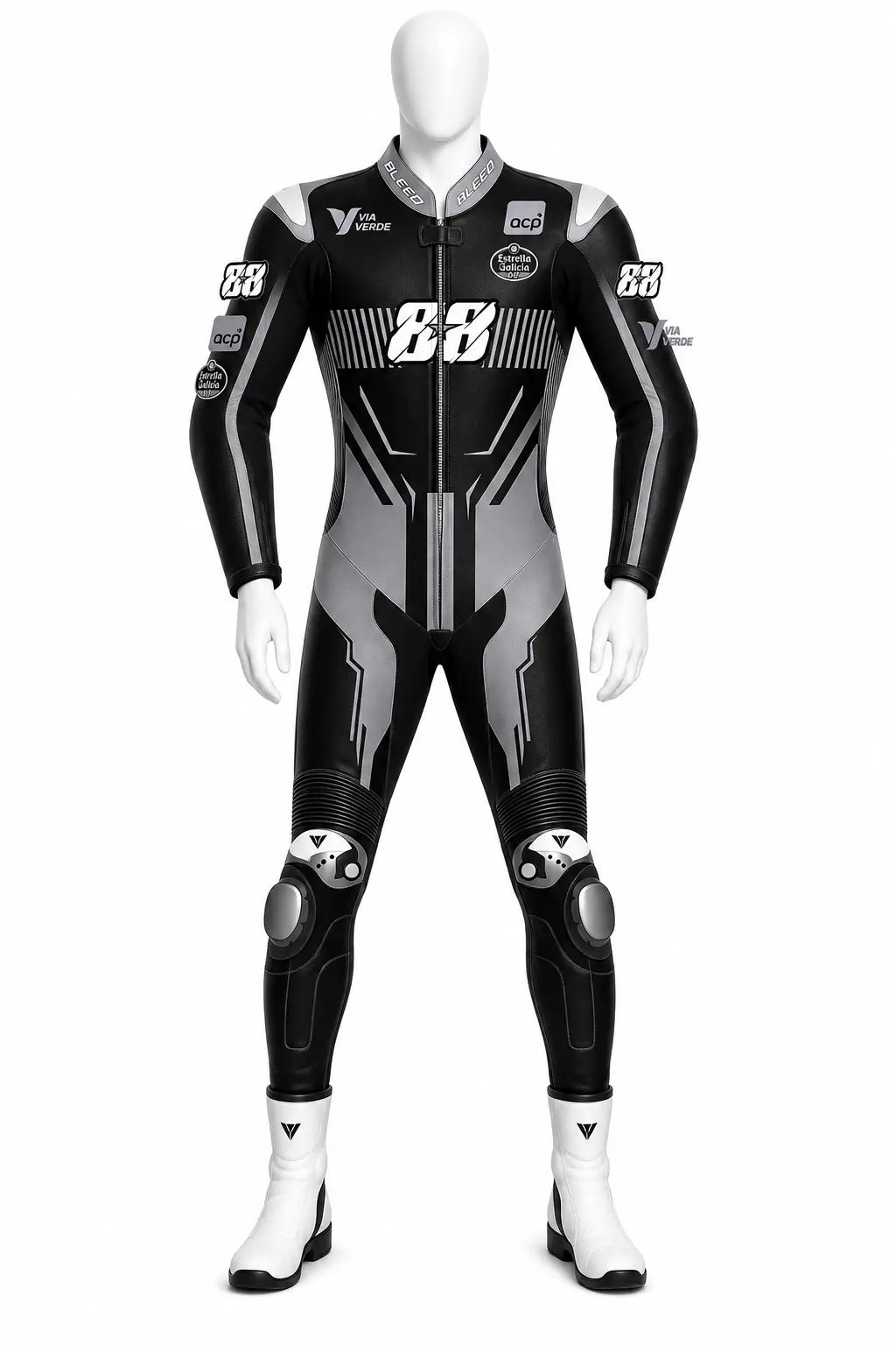 2025 Miguel Oliveira Pramac Yamaha Winter Test MotoGP leather race suit in black and grey with #88 logo and CE Level 2 armor, front view