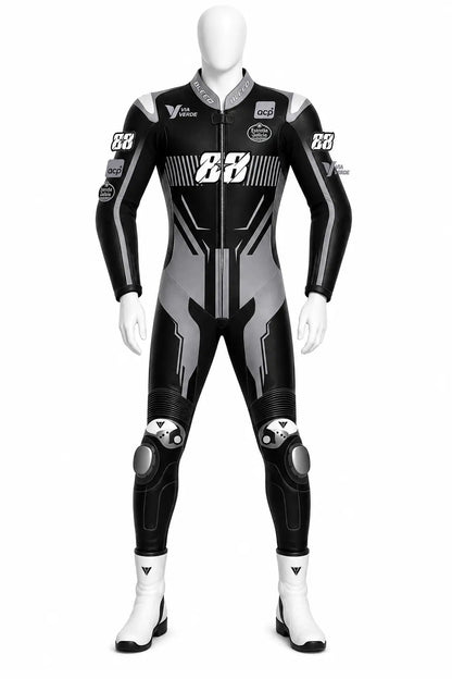 2025 Miguel Oliveira Pramac Yamaha Winter Test MotoGP leather race suit in black and grey with #88 logo and CE Level 2 armor, front view