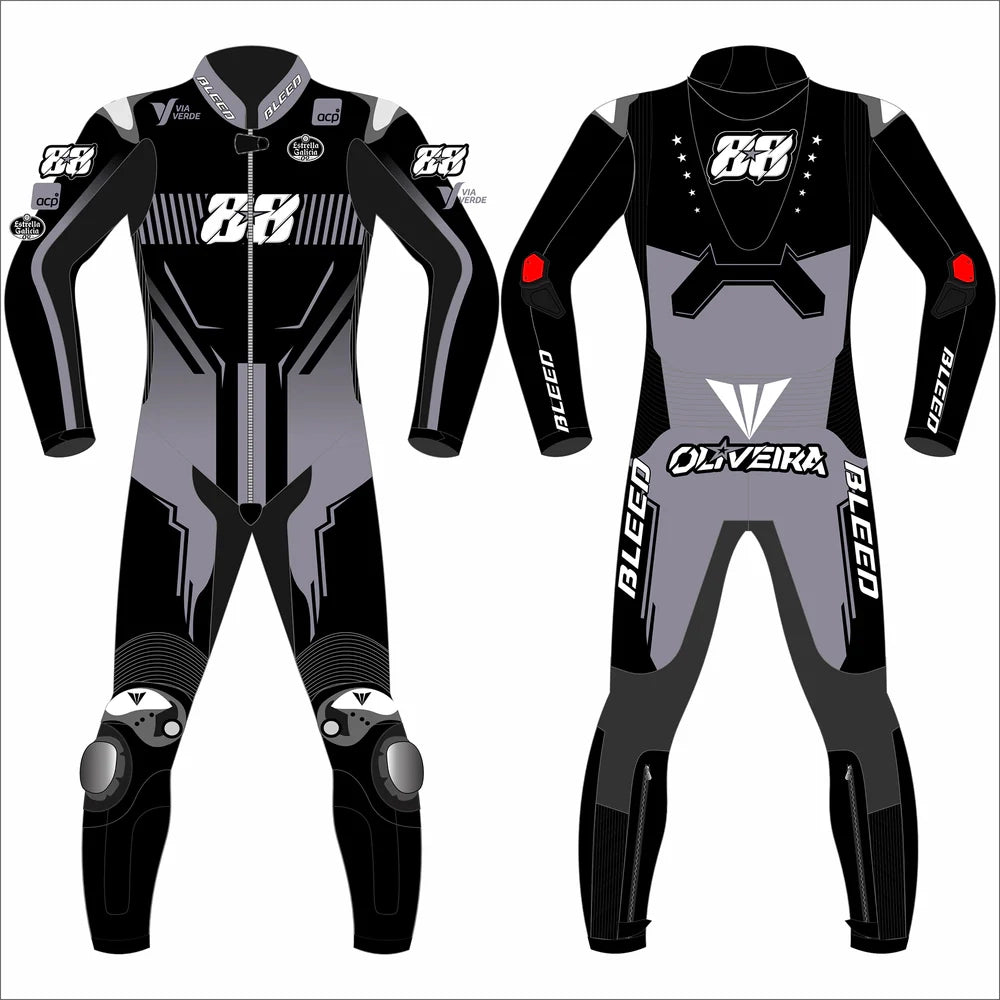 2025 Miguel Oliveira Pramac Yamaha Winter Test MotoGP leather race suit in black and grey with #88 logo and CE Level 2 armor, front view