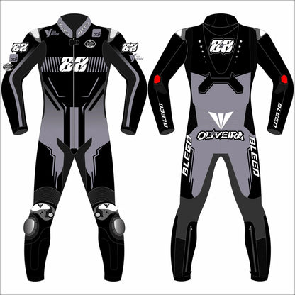 2025 Miguel Oliveira Pramac Yamaha Winter Test MotoGP leather race suit in black and grey with #88 logo and CE Level 2 armor, front view