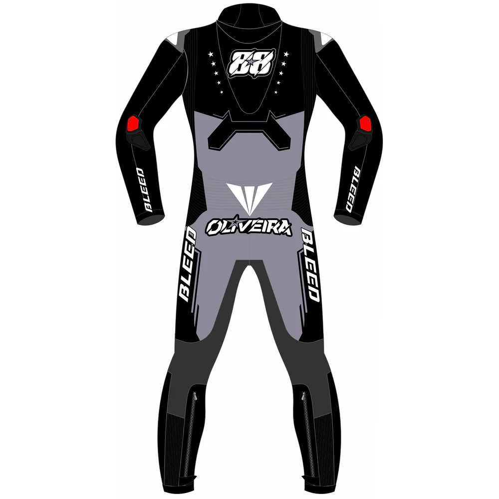2025 Miguel Oliveira Pramac Yamaha Winter Test MotoGP leather race suit in black and grey with #88 logo and CE Level 2 armor, front view