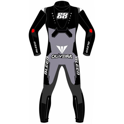 2025 Miguel Oliveira Pramac Yamaha Winter Test MotoGP leather race suit in black and grey with #88 logo and CE Level 2 armor, front view