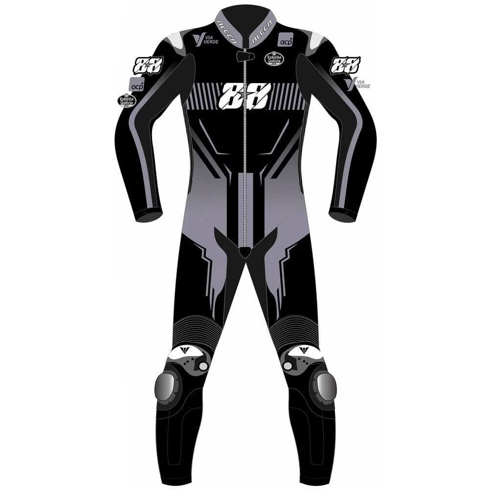 2025 Miguel Oliveira Pramac Yamaha Winter Test MotoGP leather race suit in black and grey with #88 logo and CE Level 2 armor, front view