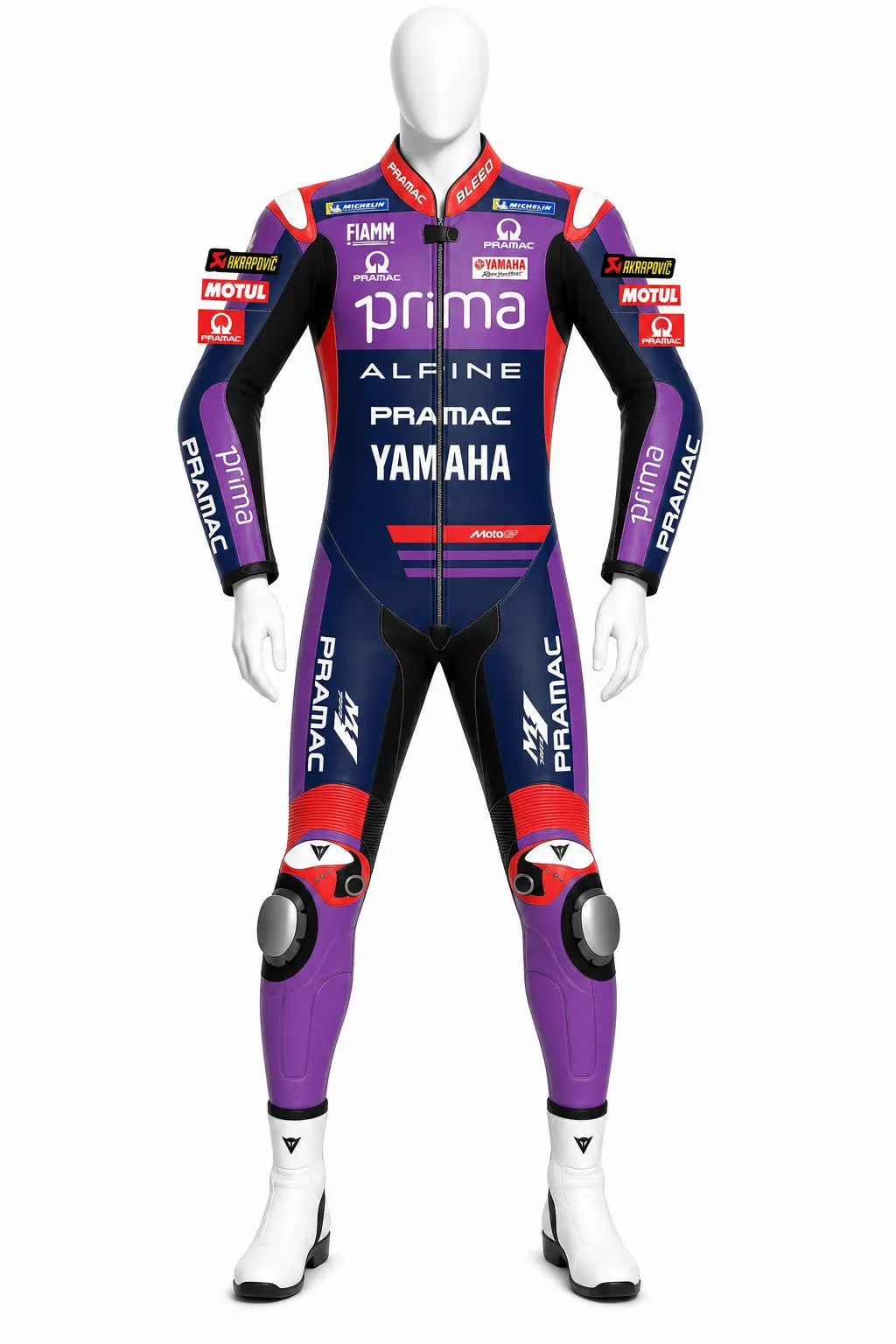 2025 Miguel Oliveira Prima Pramac Yamaha MotoGP leather race suit in purple, blue, and red with CE Level 2 armor, front view