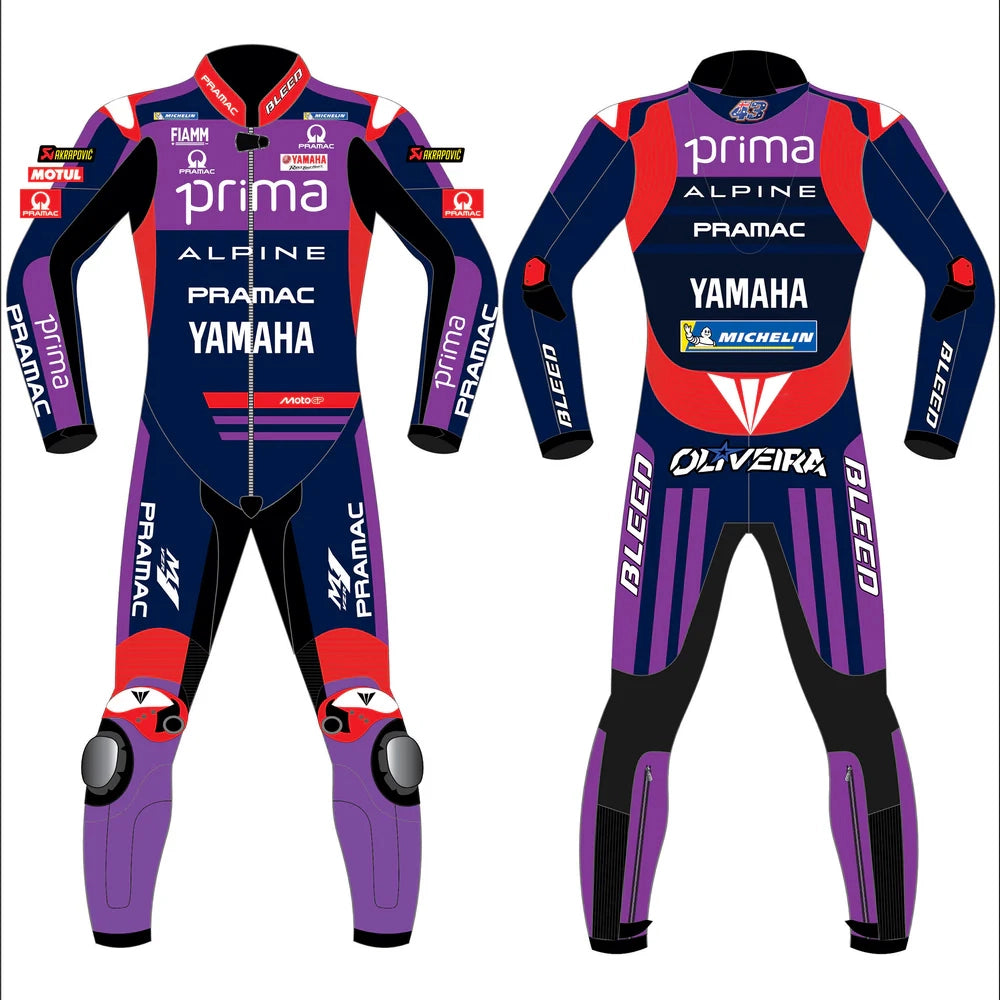2025 Miguel Oliveira Prima Pramac Yamaha MotoGP leather race suit in purple, blue, and red with CE Level 2 armor, front view