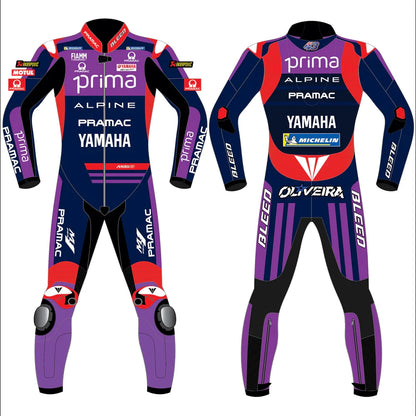 2025 Miguel Oliveira Prima Pramac Yamaha MotoGP leather race suit in purple, blue, and red with CE Level 2 armor, front view