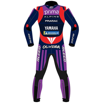 2025 Miguel Oliveira Prima Pramac Yamaha MotoGP leather race suit in purple, blue, and red with CE Level 2 armor, front view