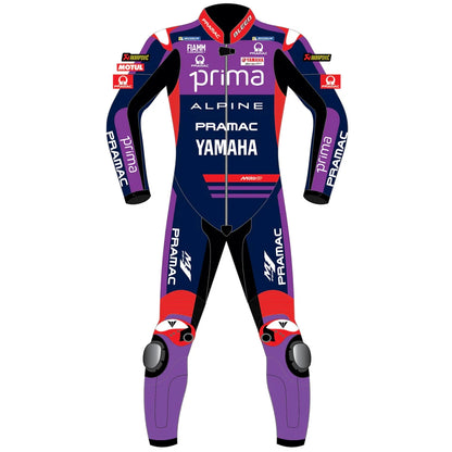 2025 Miguel Oliveira Prima Pramac Yamaha MotoGP leather race suit in purple, blue, and red with CE Level 2 armor, front view