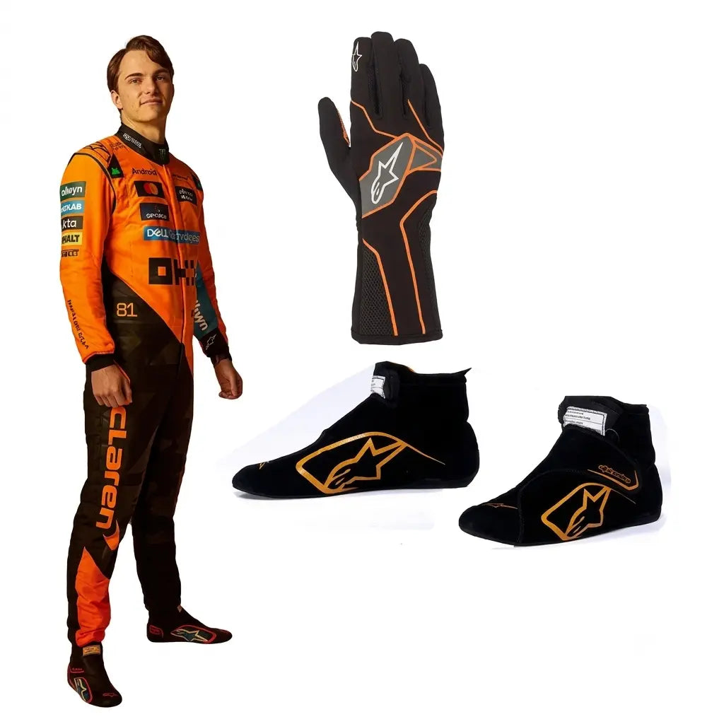 2025 Oscar Piastri F1 Race Suit Kit featuring papaya orange and dark charcoal race suit, black and orange racing gloves, and low-profile driving shoes