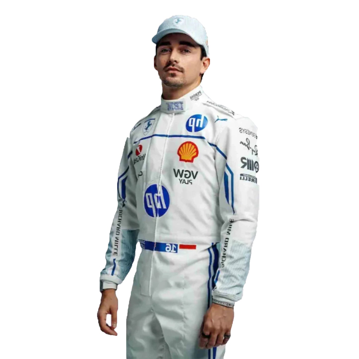 Person wearing a white racing suit with various sponsor logos on a white background