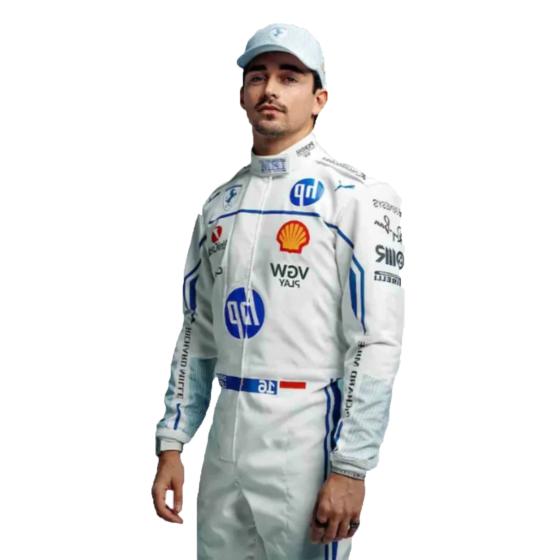 Person wearing a white racing suit with various sponsor logos on a white background