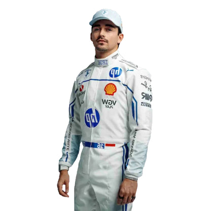 Person wearing a white racing suit with various sponsor logos on a white background