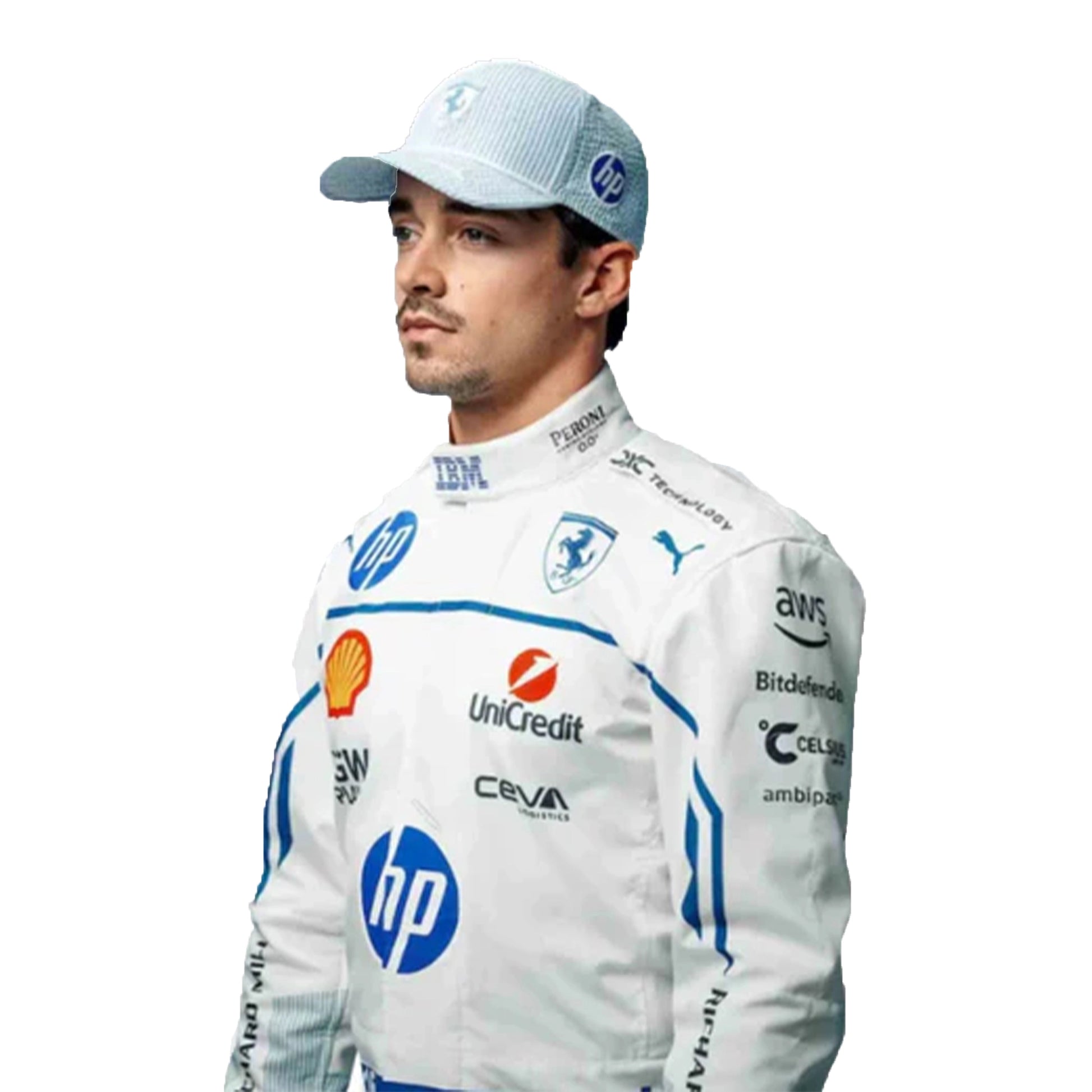 Person wearing a white racing suit with multiple sponsor logos on a white background