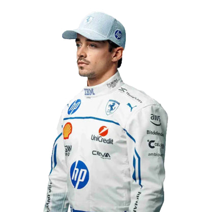 Person wearing a white racing suit with multiple sponsor logos on a white background