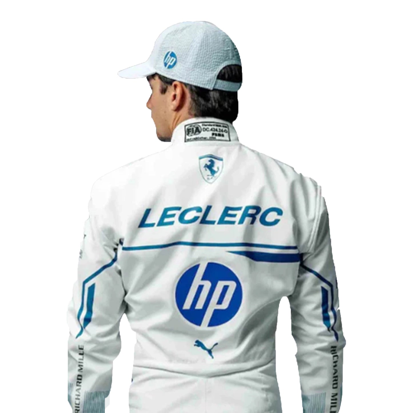 Person wearing a white racing suit with 'Leclerc' and 'hp' logos on a white background