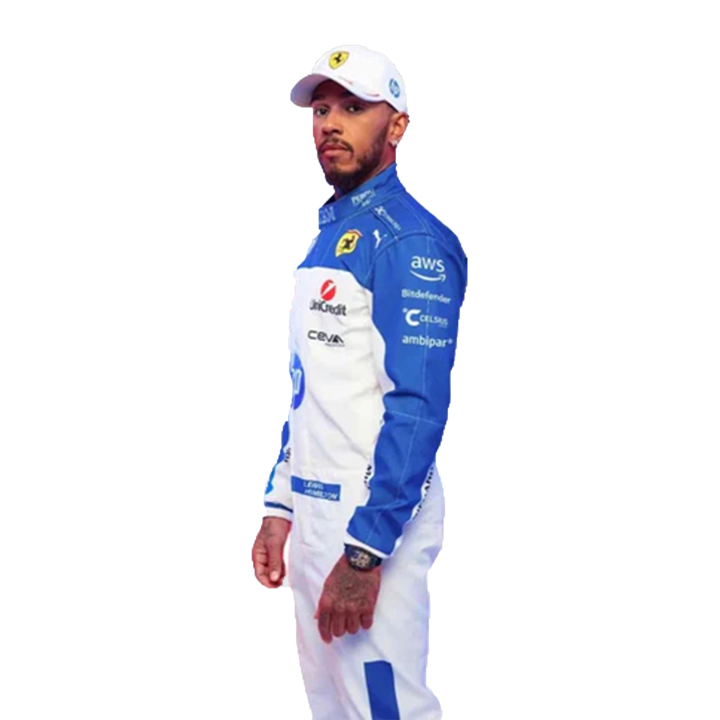 Person wearing a blue and white racing suit with various sponsor logos on a white background