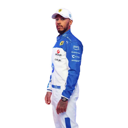 Person wearing a blue and white racing suit with various sponsor logos on a white background