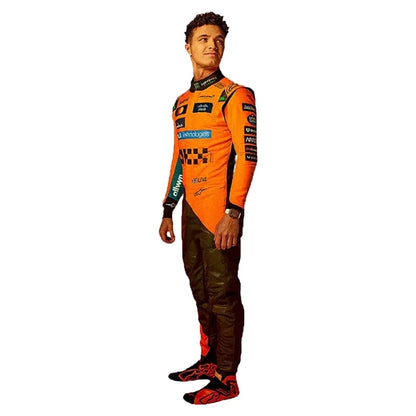 2025 Lando Norris F1 Race Suit Set featuring papaya orange and anthracite race suit, black and orange racing gloves, and low-profile driving shoes