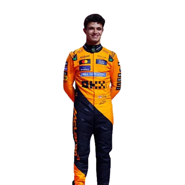 2025 Lando Norris F1 Race Suit Set featuring papaya orange and anthracite race suit, black and orange racing gloves, and low-profile driving shoes