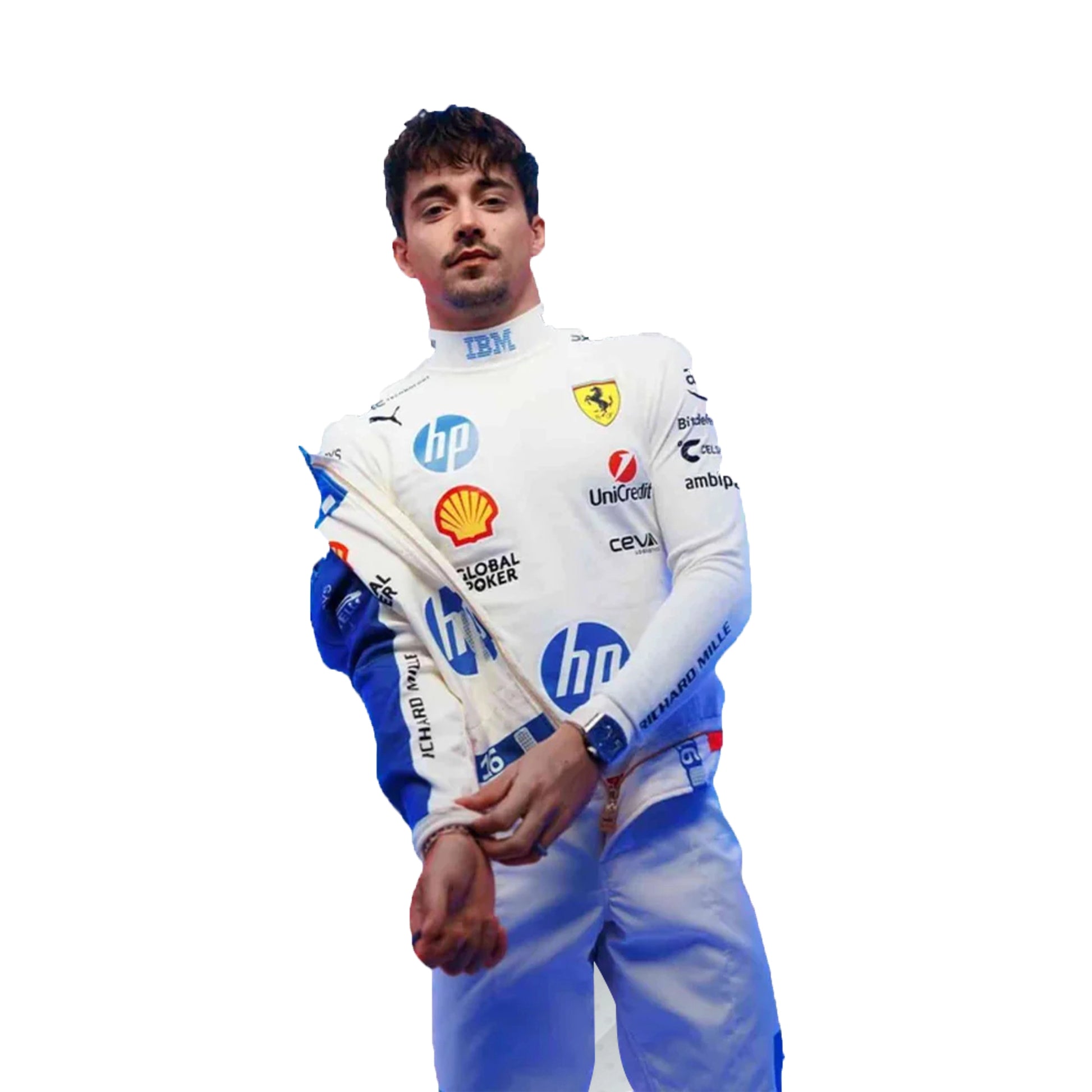 Person wearing a racing suit with various sponsor logos on a white background