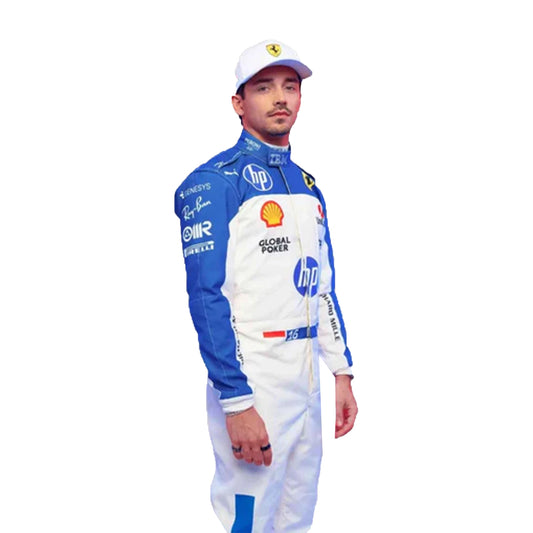 Person wearing a blue and white racing suit with various sponsor logos on a white background