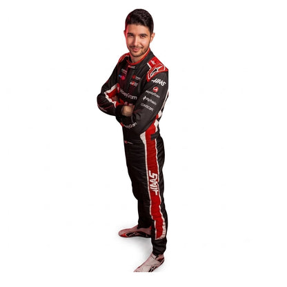 2025 Esteban Ocon Haas F1 Race Suit in white and dark navy standing full length view