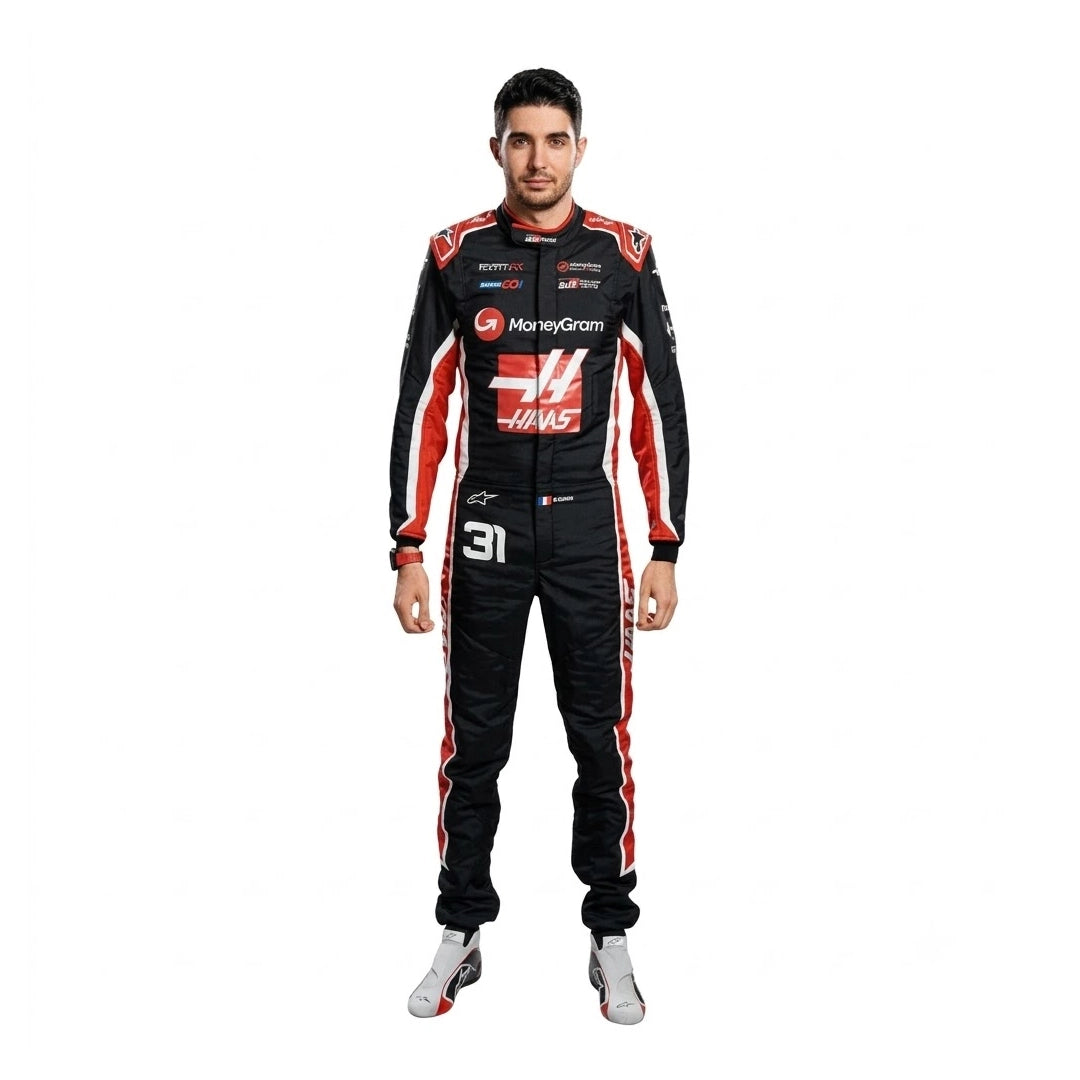 2025 Esteban Ocon Haas F1 Race Suit in white and dark navy standing full length view