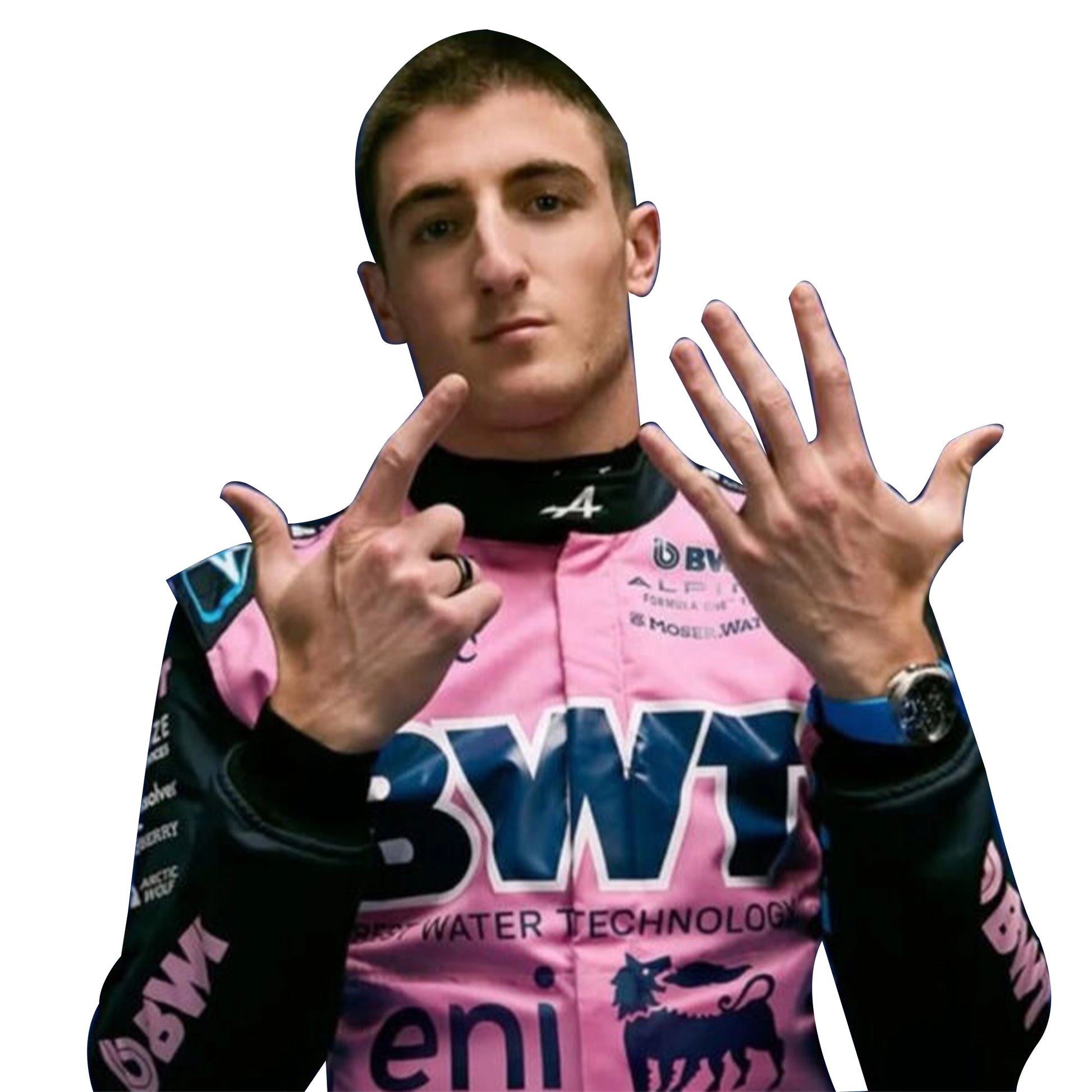 2025 Jack Doohan BWT Alpine F1 Race Suit in pink and black livery front view standing hands together